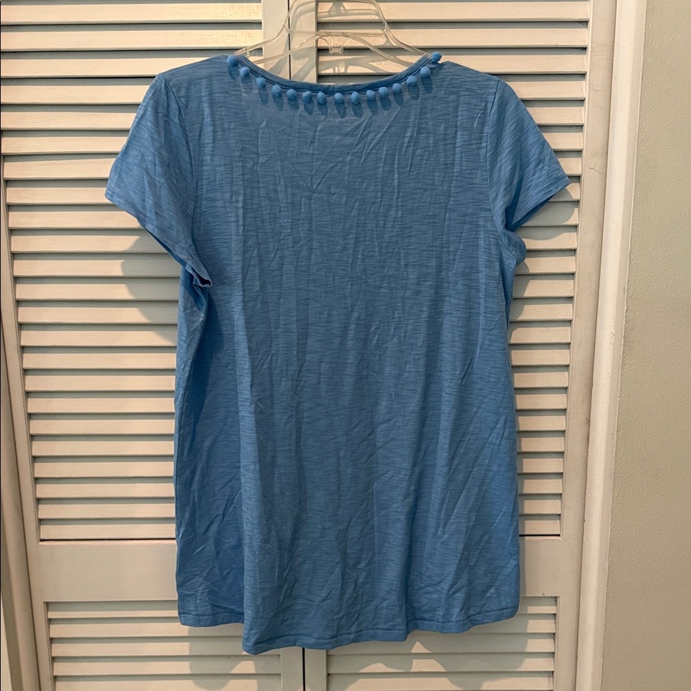 Lilly Pulitzer Light Blue Pom-Pom V-Neck Tee - Picture 6 of 8